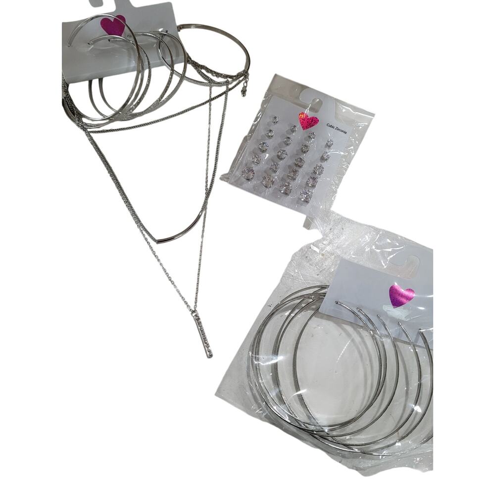 Women's Silver Costume Jewelry Set‎ Hoop Earrings Diamond Layered Necklace #7